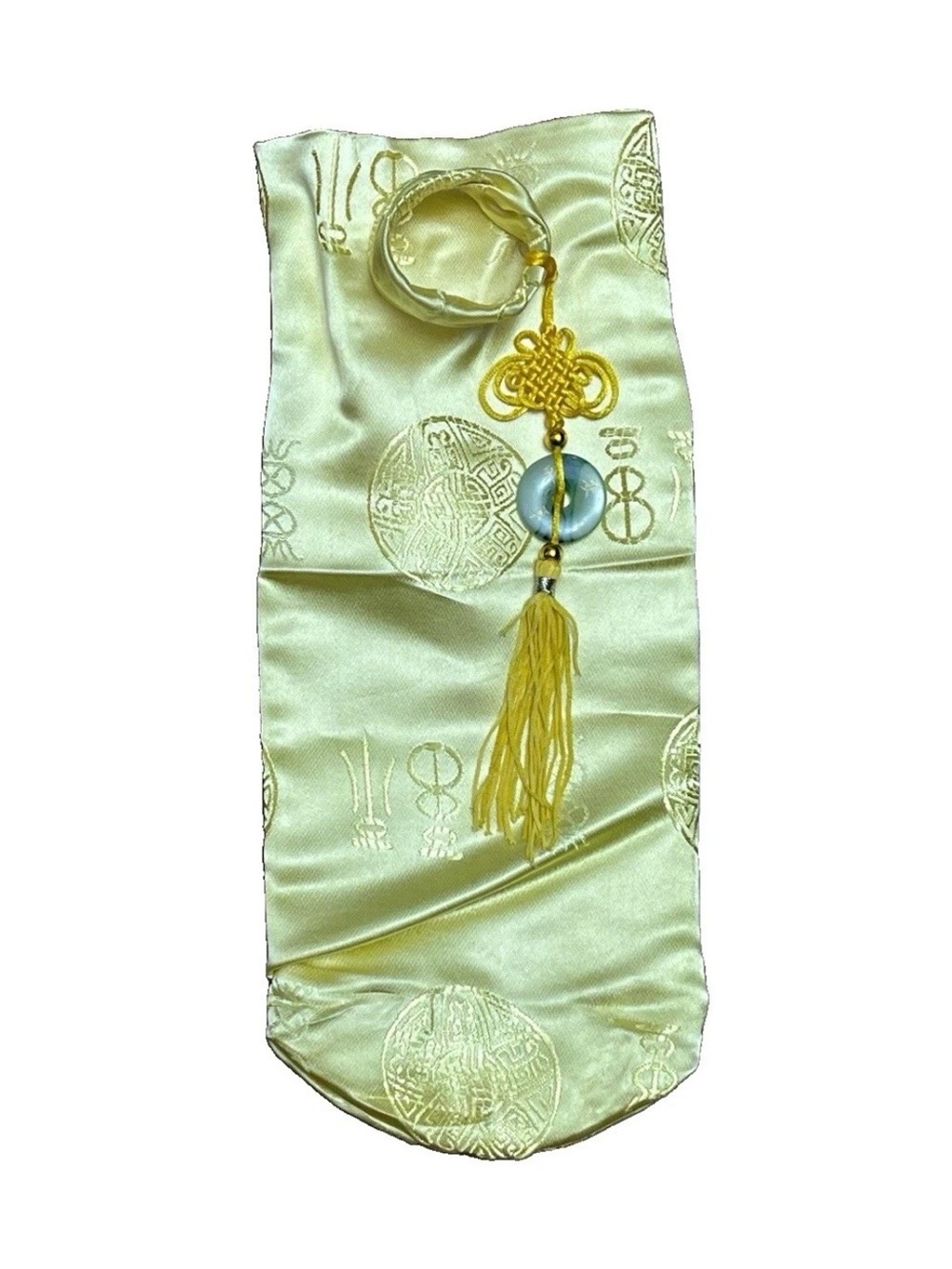 Chinese Feng Shui Knot Tassel Hanging Ornament Yellow Satin Wine Bottle Bag